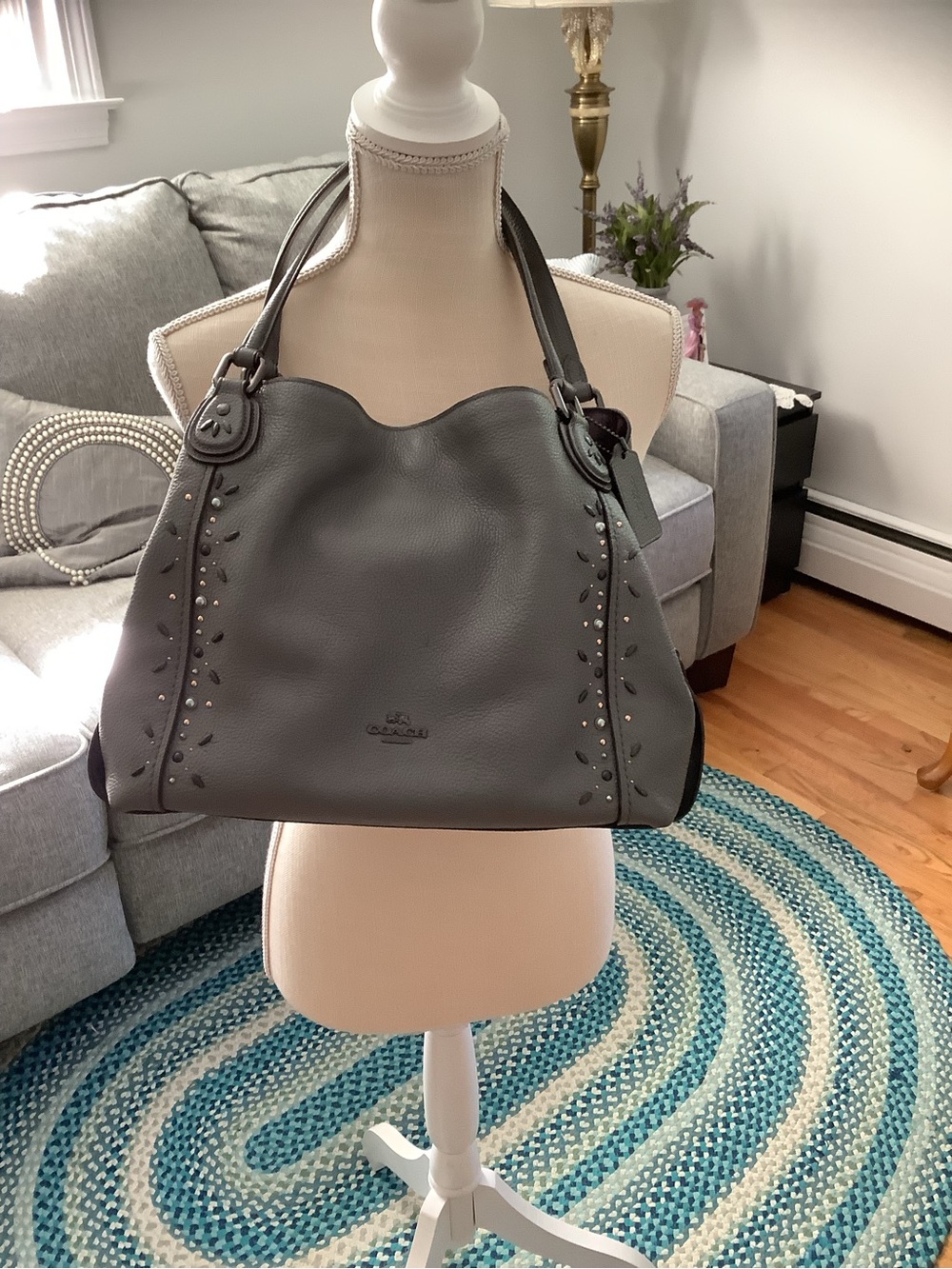 Coach Gray Pebbled Leather Shoulder Tote with Stud Detail